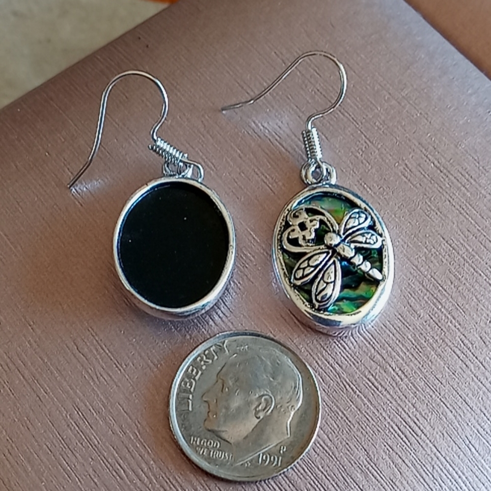 Dragonfly Abalone Shell Silver Tone Oval Earrings - Picture 2 of 4